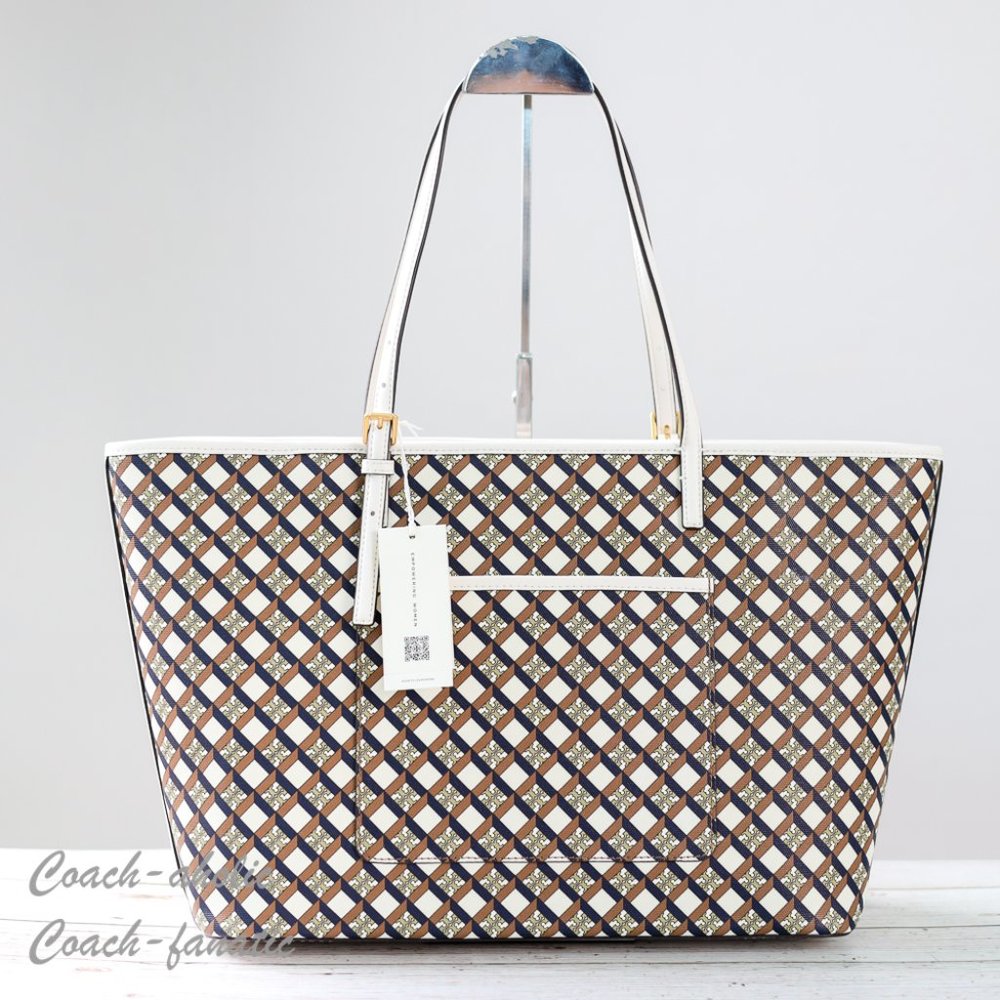 NWT Tory Burch Geo Logo Top Zip Allover Large Tote in Ivory Neutral - Picture 4 of 12